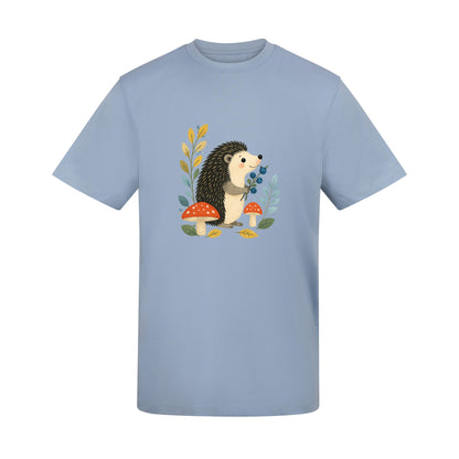 Hedgehog's Berry Harvest Adult Unisex T-shirt - Once Upon a Woodland Sky Blue colour variant image