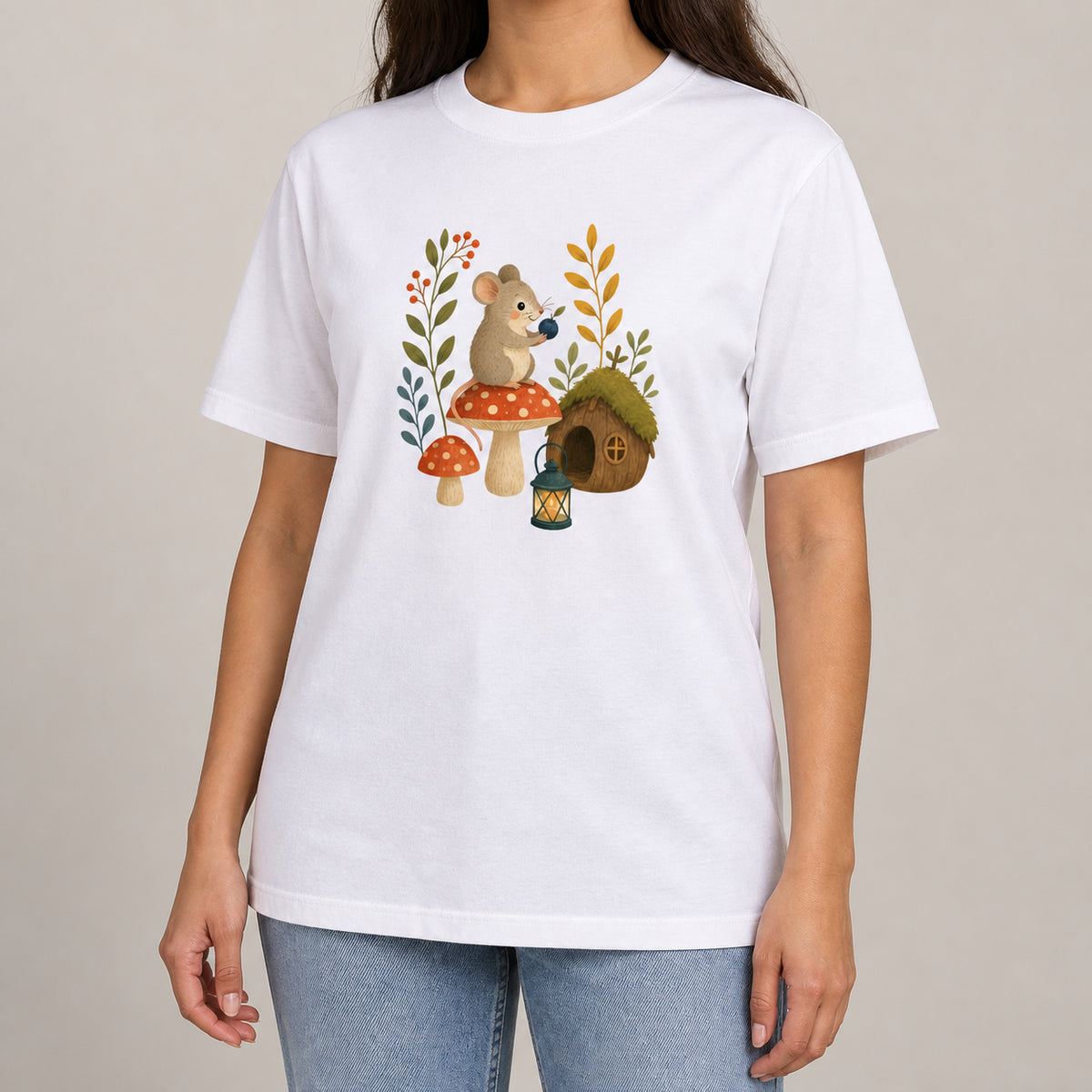 Mouse at Mushroom Cottage Adult Unisex T-shirt - Once Upon a Woodland lead image
