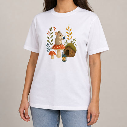 Mouse at Mushroom Cottage Adult Unisex T-shirt - Once Upon a Woodland lead image
