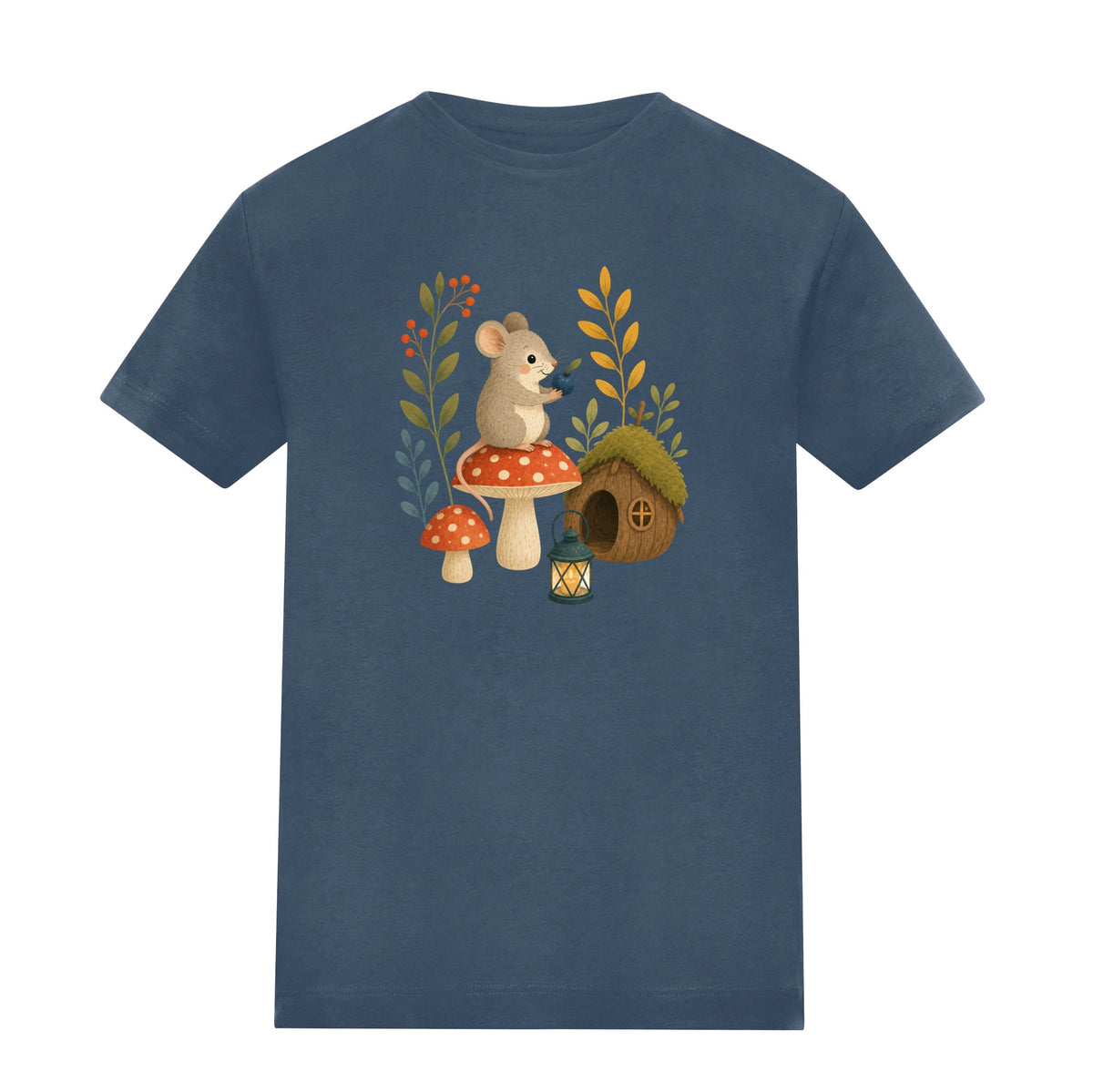 Mouse at Mushroom Cottage Adult Unisex T-shirt - Once Upon a Woodland Airforce Blue colour variant image