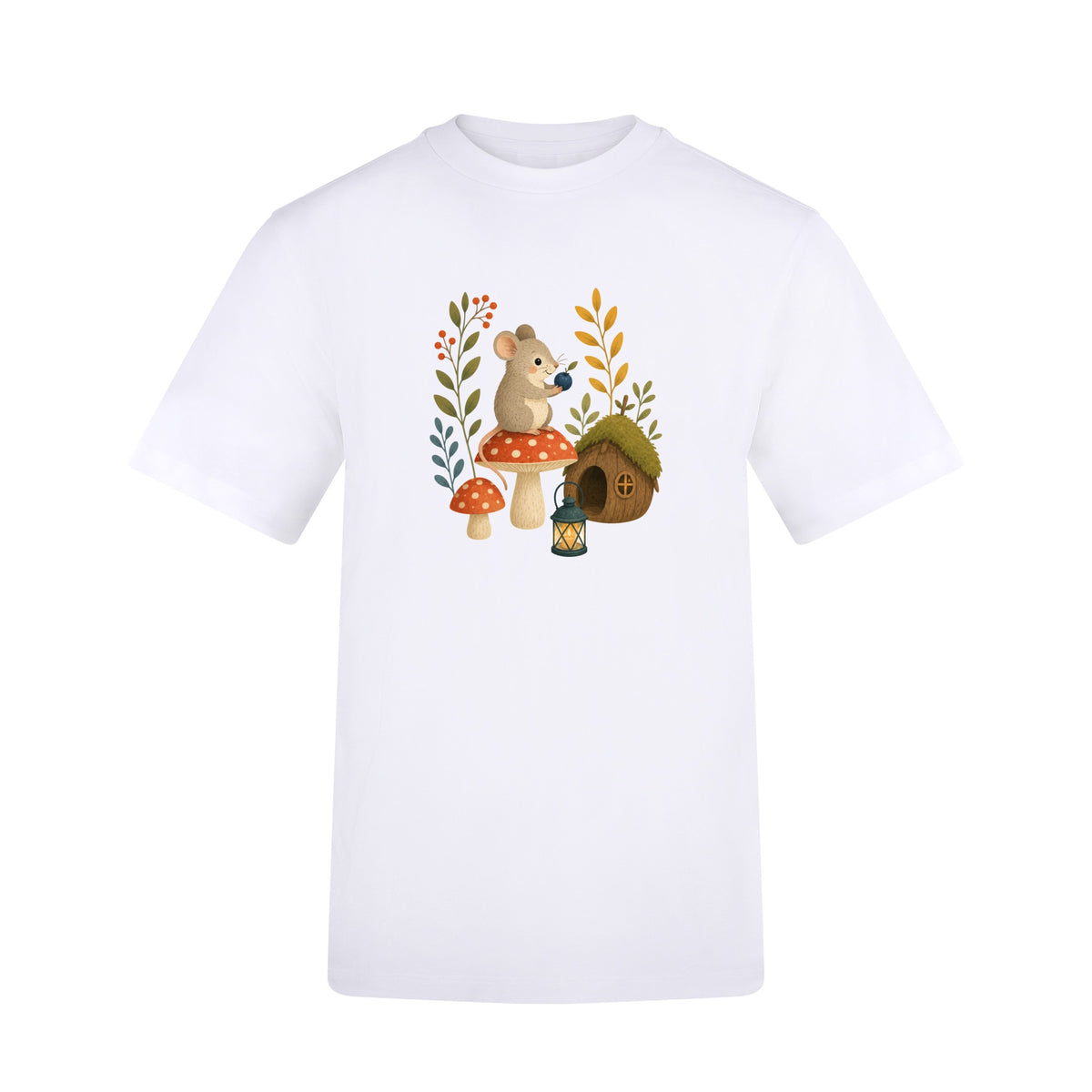 Mouse at Mushroom Cottage Adult Unisex T-shirt - Once Upon a Woodland Arctic White colour variant image