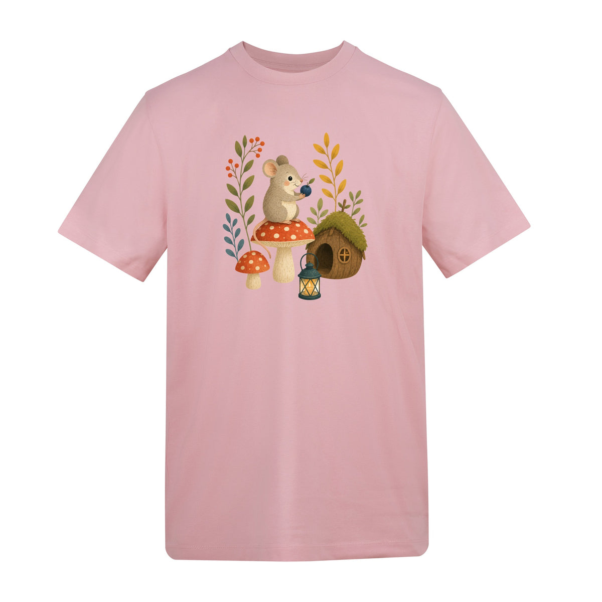 Mouse at Mushroom Cottage Adult Unisex T-shirt - Once Upon a Woodland Baby Pink colour variant image
