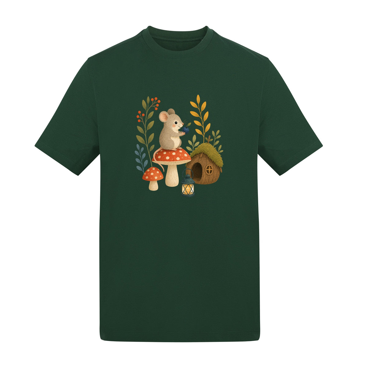 Mouse at Mushroom Cottage Adult Unisex T-shirt - Once Upon a Woodland Bottle Green colour variant image