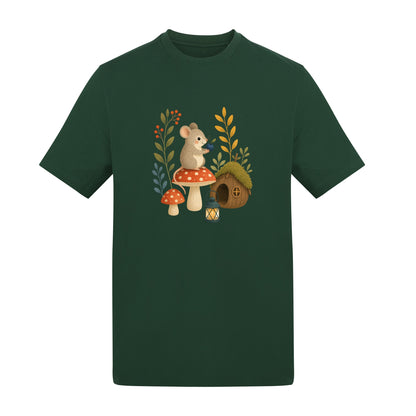 Mouse at Mushroom Cottage Adult Unisex T-shirt - Once Upon a Woodland Bottle Green colour variant image