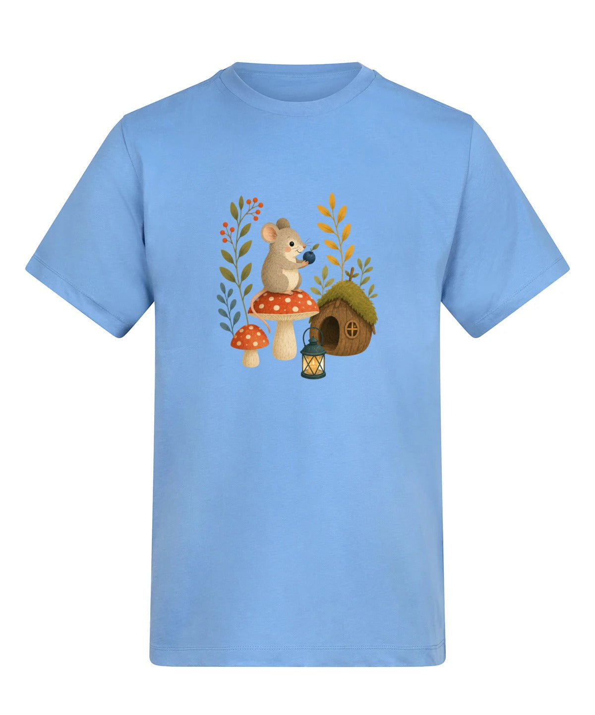 Mouse at Mushroom Cottage Adult Unisex T-shirt - Once Upon a Woodland Cornflower Blue colour variant image