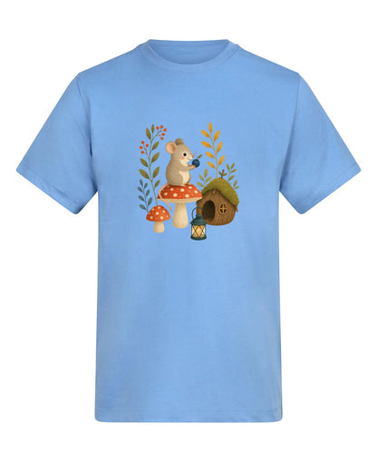 Mouse at Mushroom Cottage Adult Unisex T-shirt - Once Upon a Woodland Cornflower Blue colour variant image