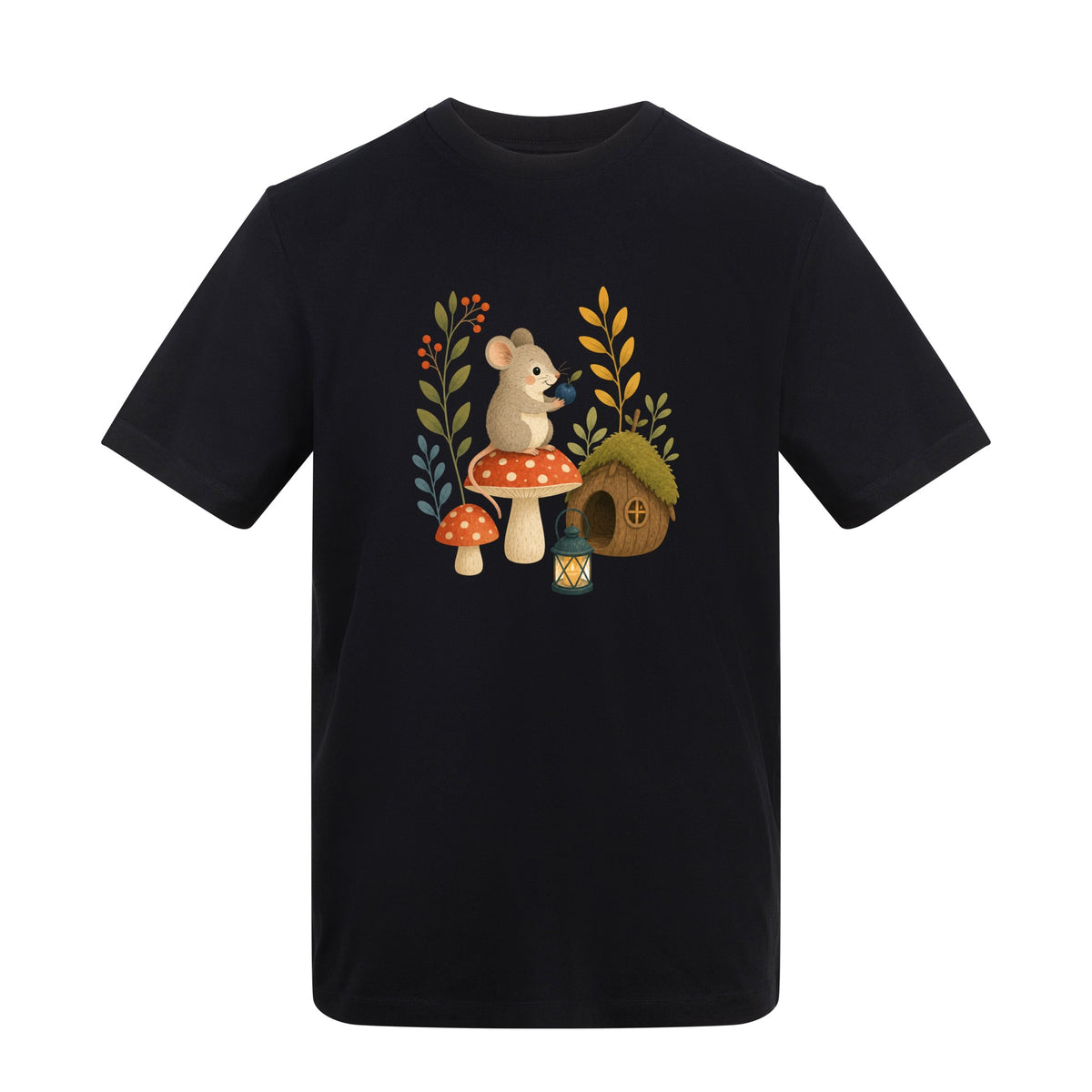 Mouse at Mushroom Cottage Adult Unisex T-shirt - Once Upon a Woodland Deep Black colour variant image