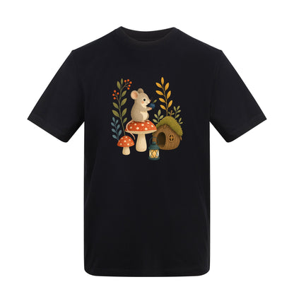 Mouse at Mushroom Cottage Adult Unisex T-shirt - Once Upon a Woodland Deep Black colour variant image