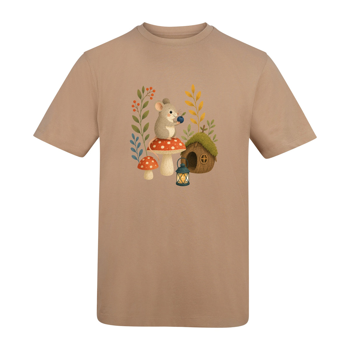Mouse at Mushroom Cottage Adult Unisex T-shirt - Once Upon a Woodland Desert Sand colour variant image