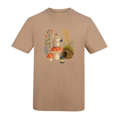 Mouse at Mushroom Cottage Adult Unisex T-shirt - Once Upon a Woodland Desert Sand colour variant image