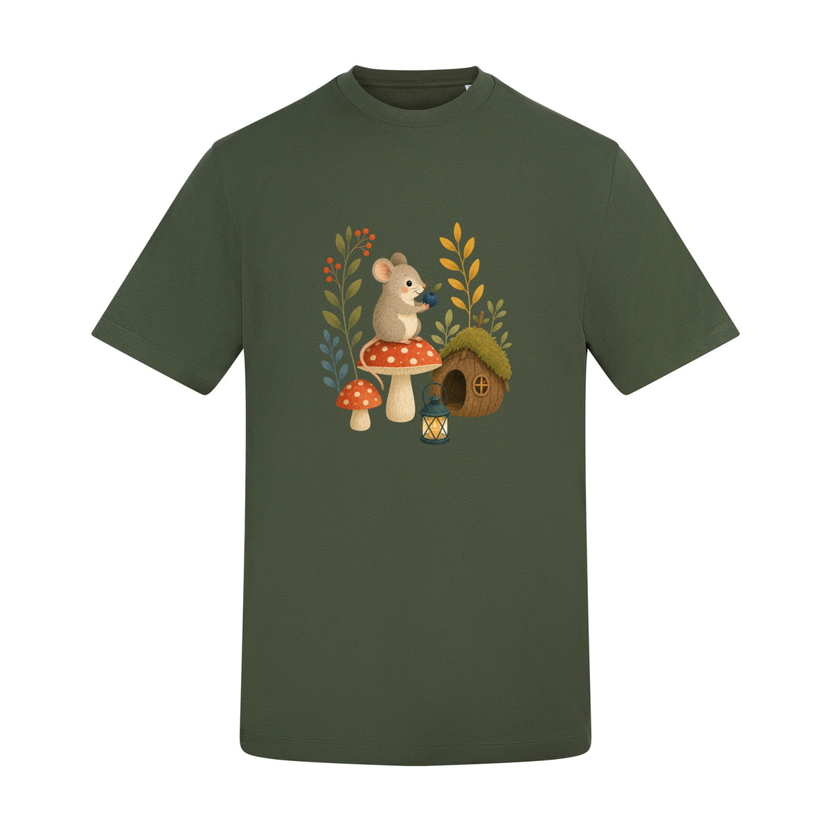 Mouse at Mushroom Cottage Adult Unisex T-shirt - Once Upon a Woodland Earthy Green colour variant image