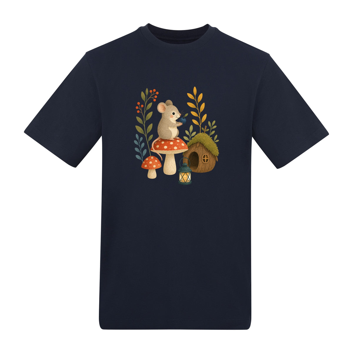 Mouse at Mushroom Cottage Adult Unisex T-shirt - Once Upon a Woodland French Navy colour variant image