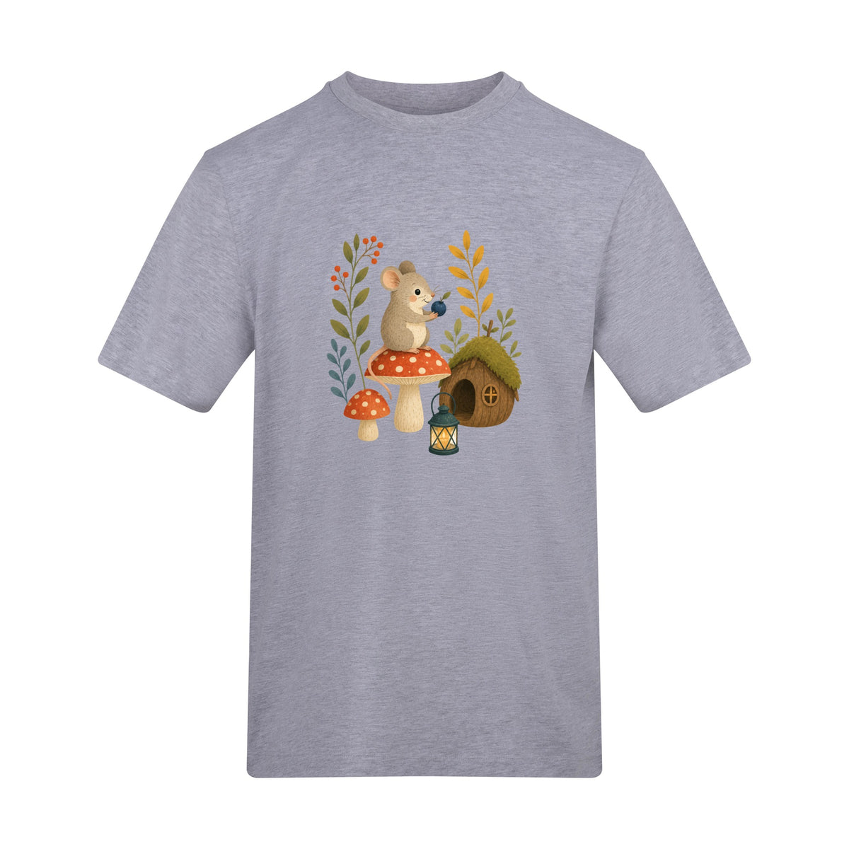 Mouse at Mushroom Cottage Adult Unisex T-shirt - Once Upon a Woodland Heather Grey colour variant image