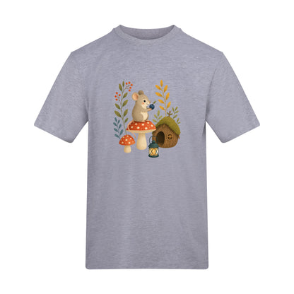 Mouse at Mushroom Cottage Adult Unisex T-shirt - Once Upon a Woodland Heather Grey colour variant image