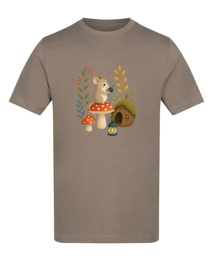Mouse at Mushroom Cottage Adult Unisex T-shirt - Once Upon a Woodland Mocha Brown colour variant image