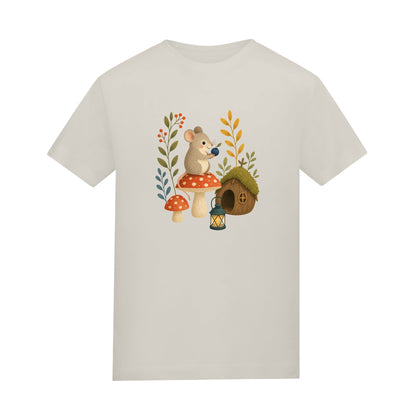 Mouse at Mushroom Cottage Adult Unisex T-shirt - Once Upon a Woodland Natural Stone colour variant image