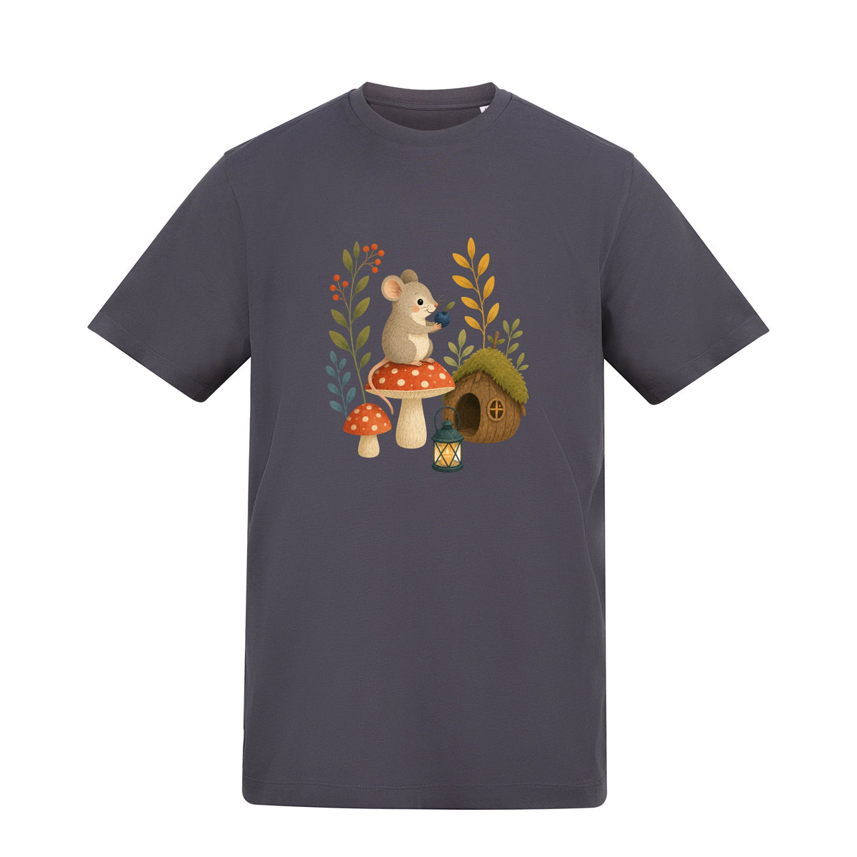 Mouse at Mushroom Cottage Adult Unisex T-shirt - Once Upon a Woodland Solid Charcoal colour variant image