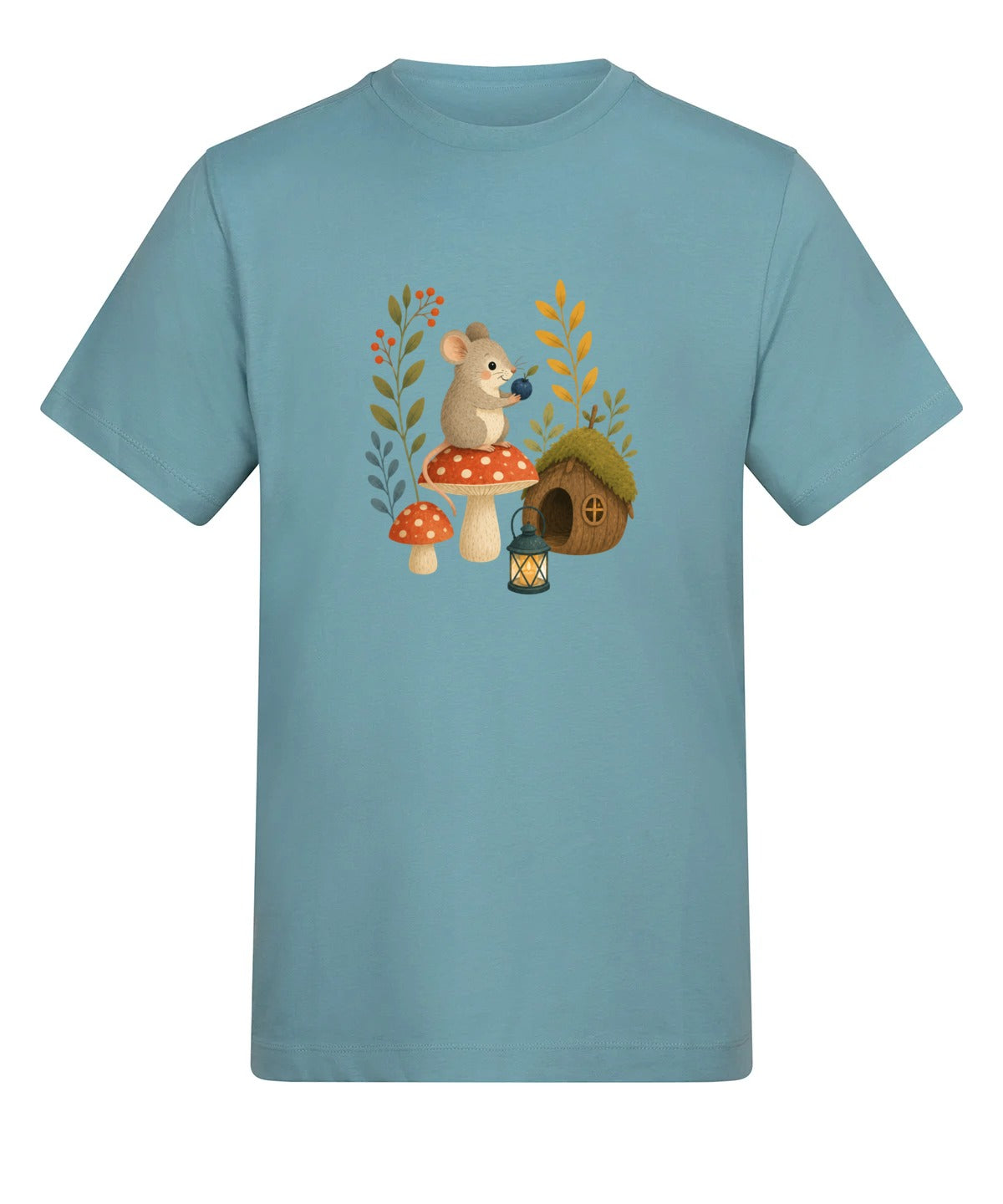 Mouse at Mushroom Cottage Adult Unisex T-shirt - Once Upon a Woodland Seafoam colour variant image