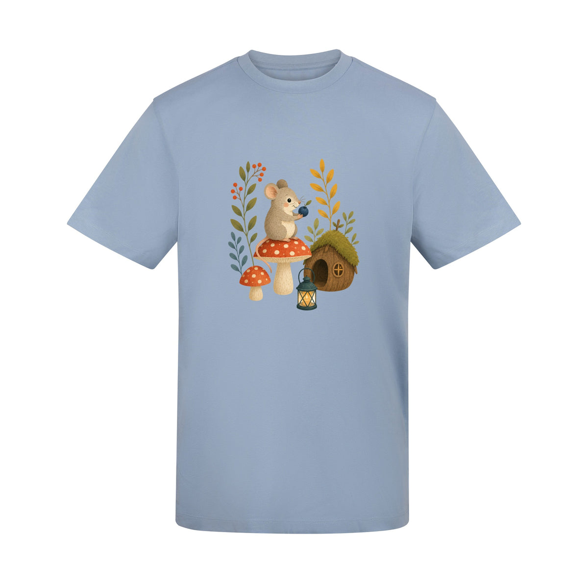 Mouse at Mushroom Cottage Adult Unisex T-shirt - Once Upon a Woodland Sky Blue colour variant image