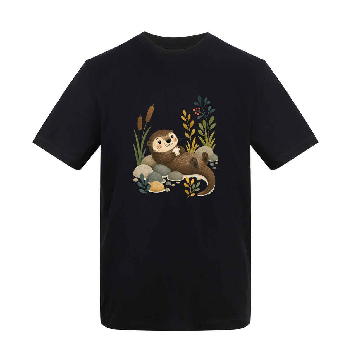 Otter by the Reeds Adult Unisex T-shirt - Once Upon a Woodland Deep Black colour variant image