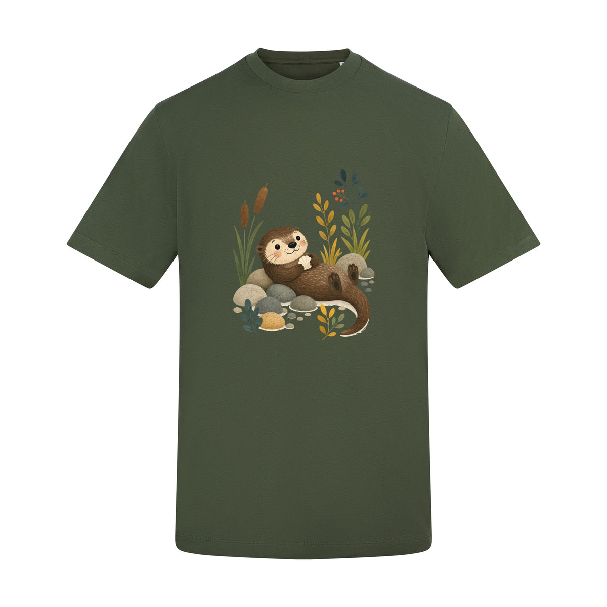 Otter by the Reeds Adult Unisex T-shirt - Once Upon a Woodland Earthy Green colour variant image