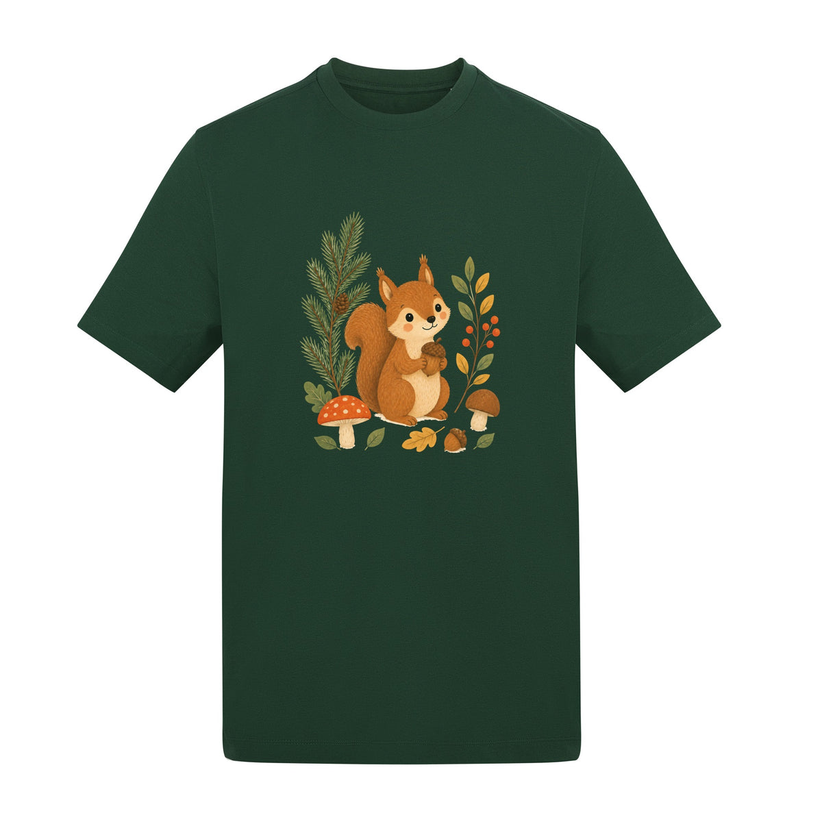 Squirrel's Autumn Store Adult Unisex T-shirt - Once Upon a Woodland Bottle Green colour variant image