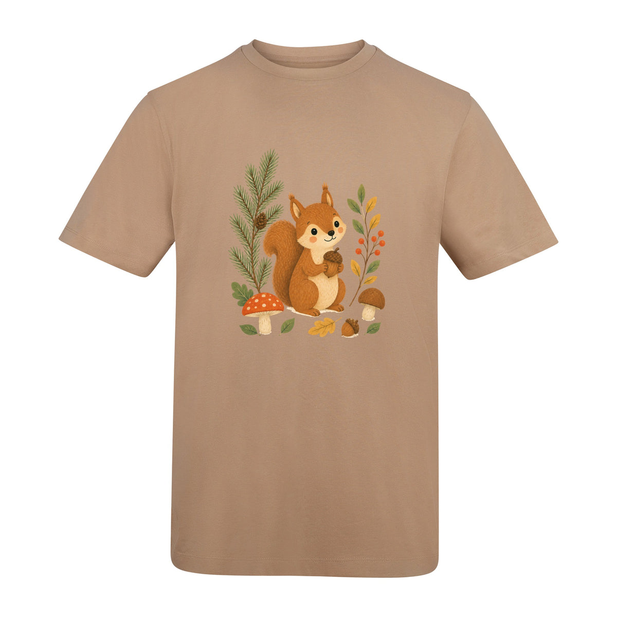 Squirrel's Autumn Store Adult Unisex T-shirt - Once Upon a Woodland Desert Sand colour variant image