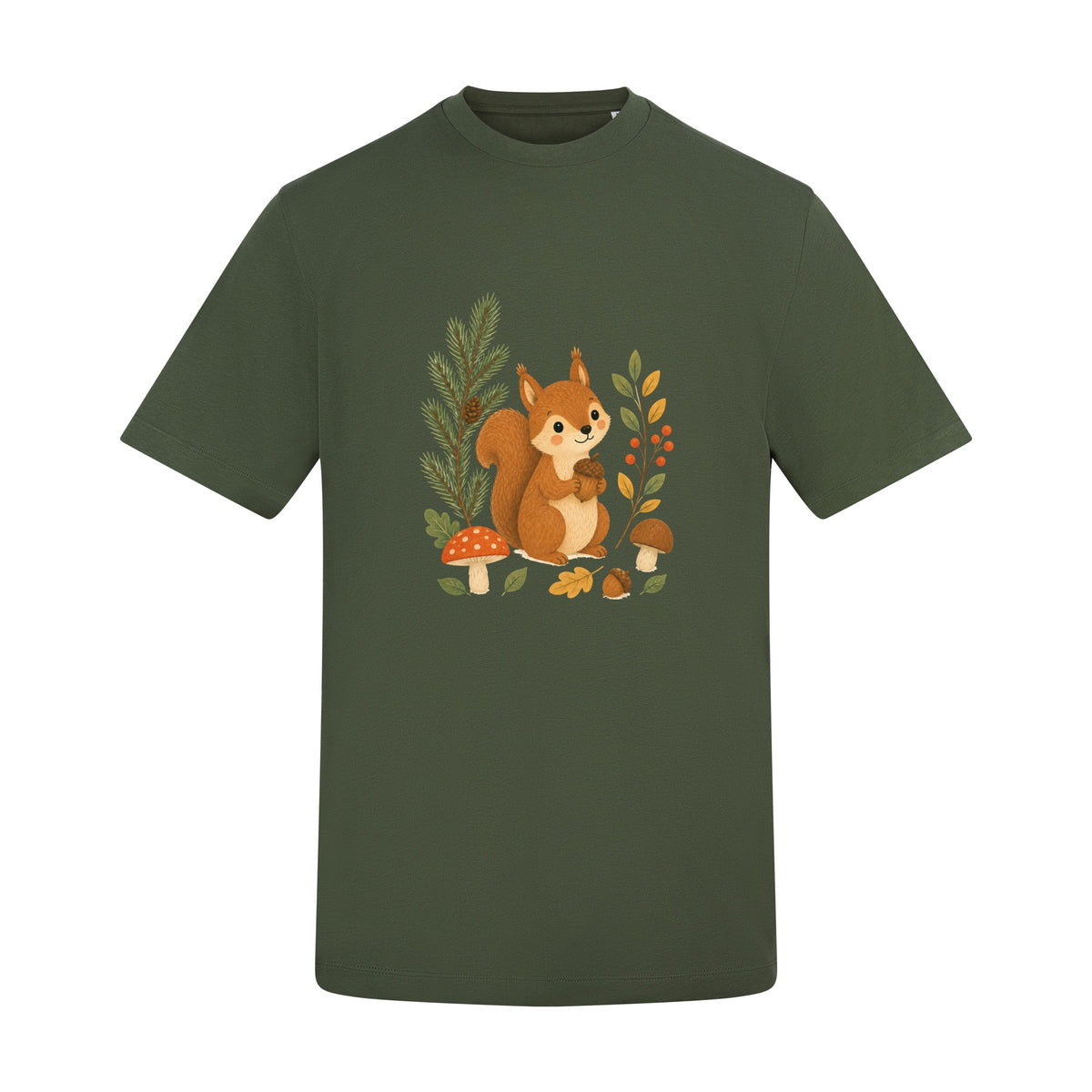 Squirrel's Autumn Store Adult Unisex T-shirt - Once Upon a Woodland Earthy Green colour variant image