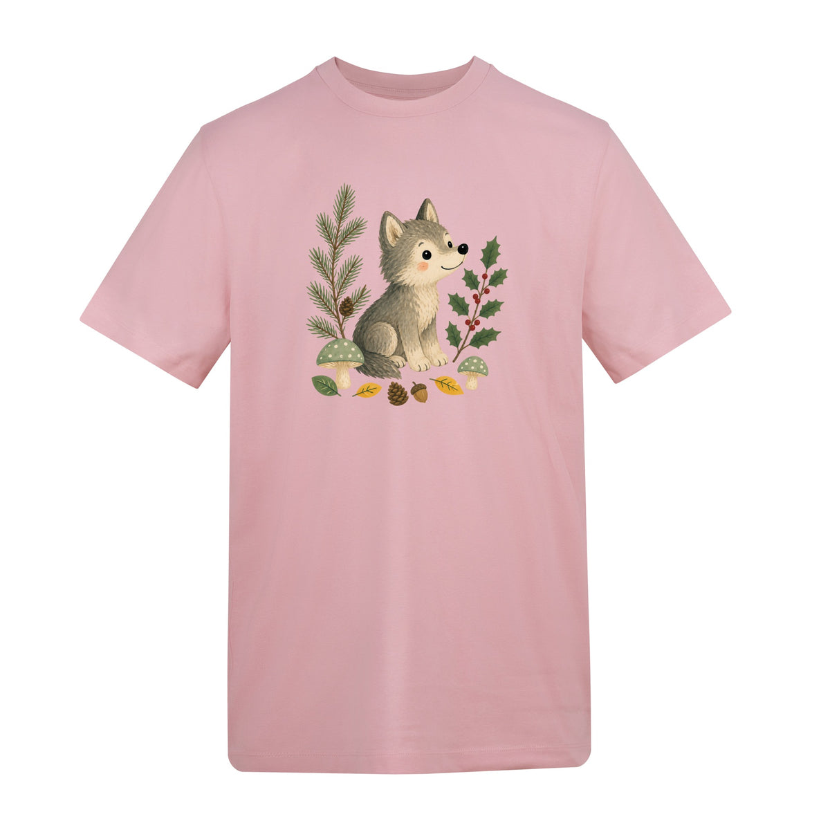 Wolf in the Winter Wood Adult Unisex T-shirt - Once Upon a Woodland Baby Pink colour variant image