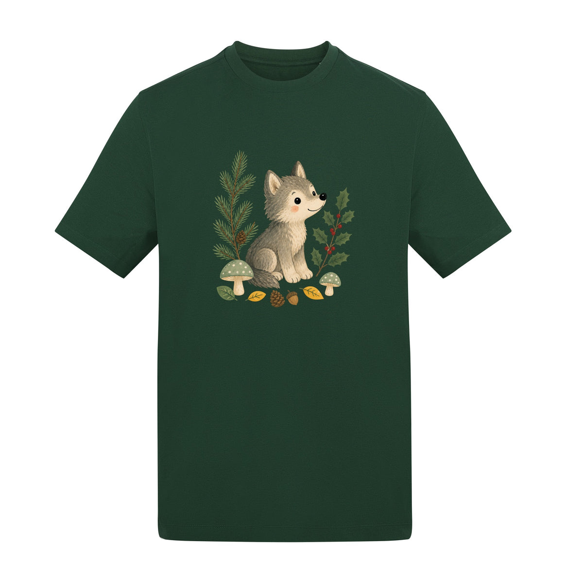 Wolf in the Winter Wood Adult Unisex T-shirt - Once Upon a Woodland Bottle Green colour variant image
