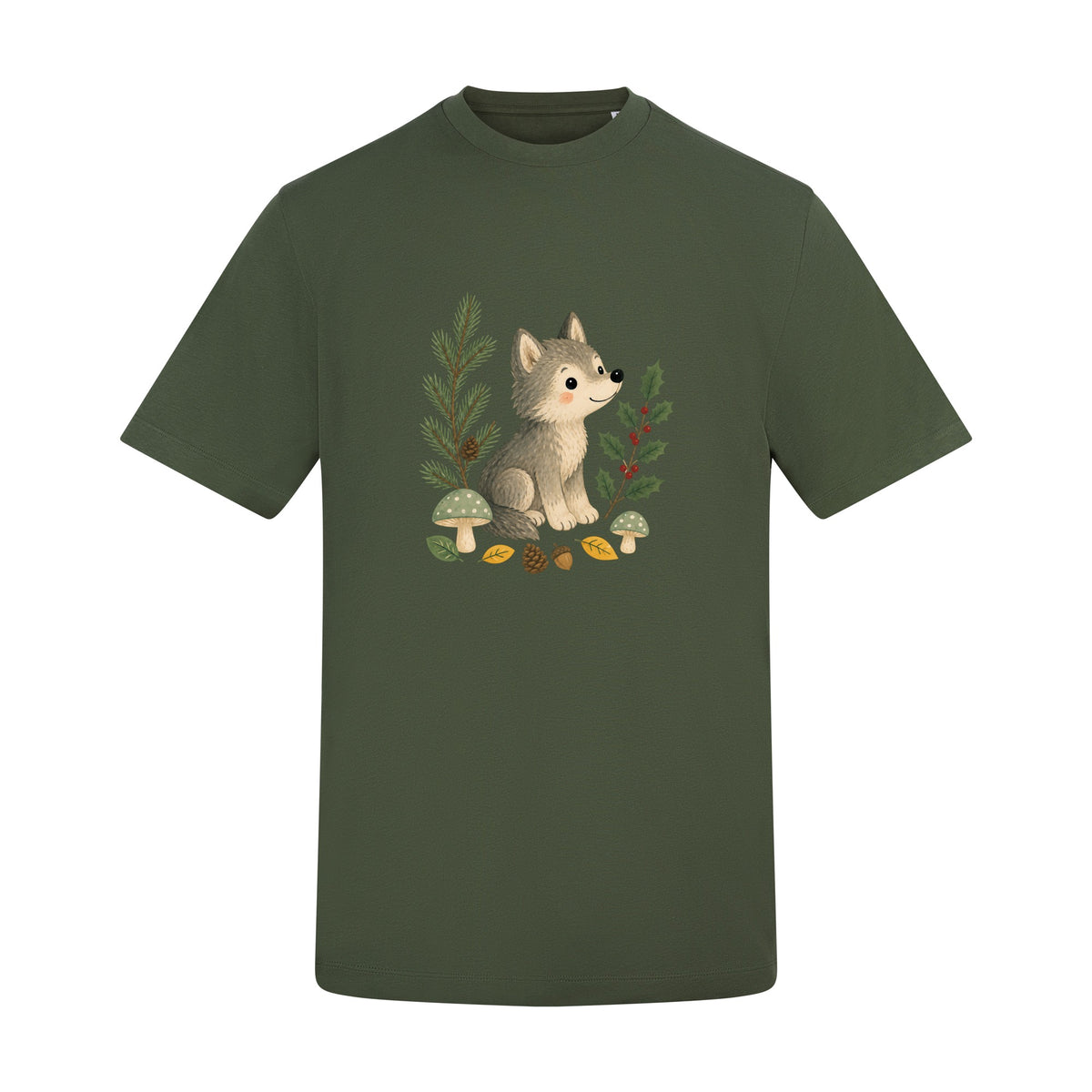 Wolf in the Winter Wood Adult Unisex T-shirt - Once Upon a Woodland Earthy Green colour variant image