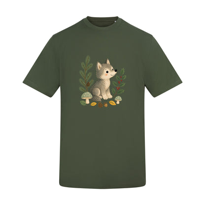Wolf in the Winter Wood Adult Unisex T-shirt - Once Upon a Woodland Earthy Green colour variant image