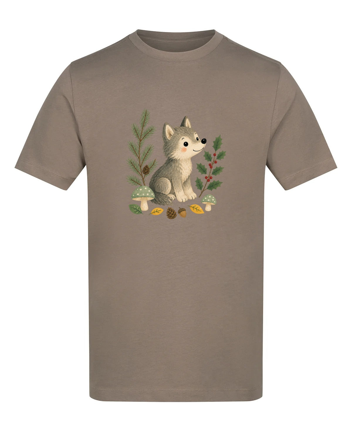 Wolf in the Winter Wood Adult Unisex T-shirt - Once Upon a Woodland Mocha Brown colour variant image