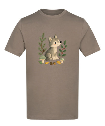 Wolf in the Winter Wood Adult Unisex T-shirt - Once Upon a Woodland Mocha Brown colour variant image