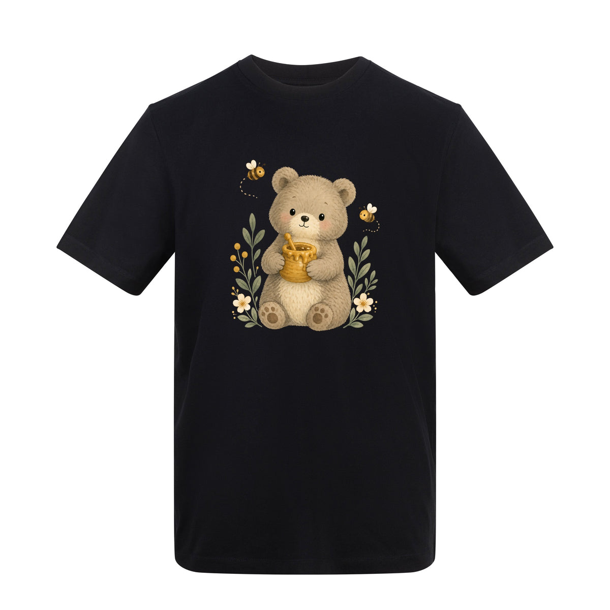 Bear and the Honey Bees Adult Unisex T-shirt - Once Upon a Woodland Deep Black colour variant image