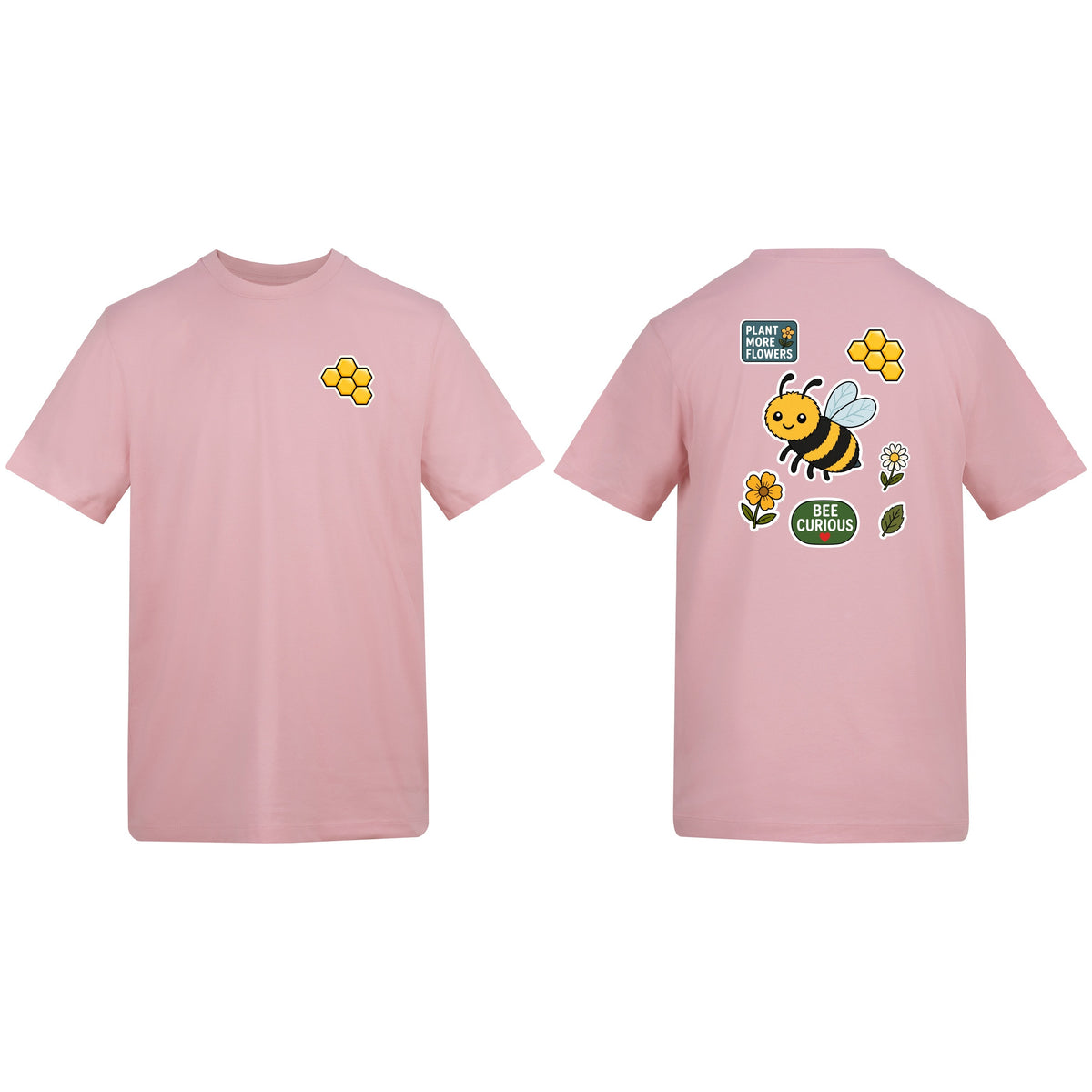 Bee Curious Adult Unisex T-shirt - Badges of the Wild Baby Pink colour variant image