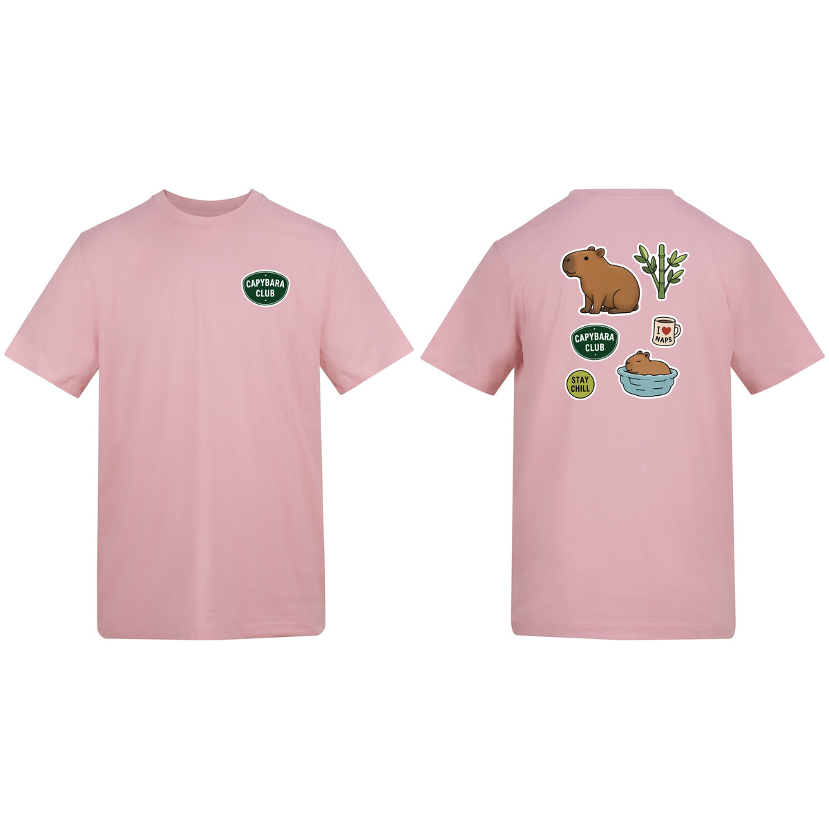 Capybara Chill Club Adult Unisex T-shirt - Badges of the Wild Baby Pink colour variant image