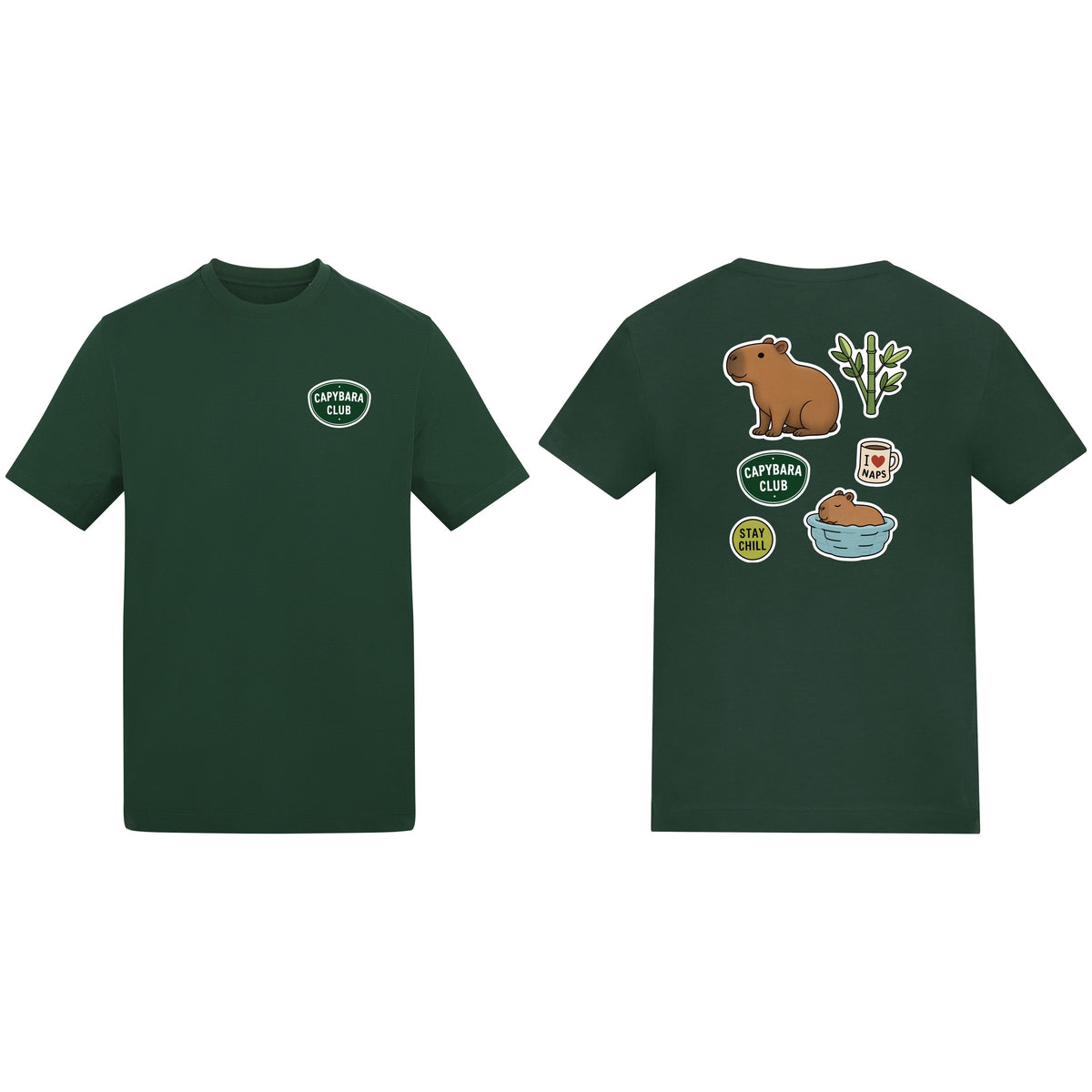 Capybara Chill Club Adult Unisex T-shirt - Badges of the Wild Bottle Green colour variant image