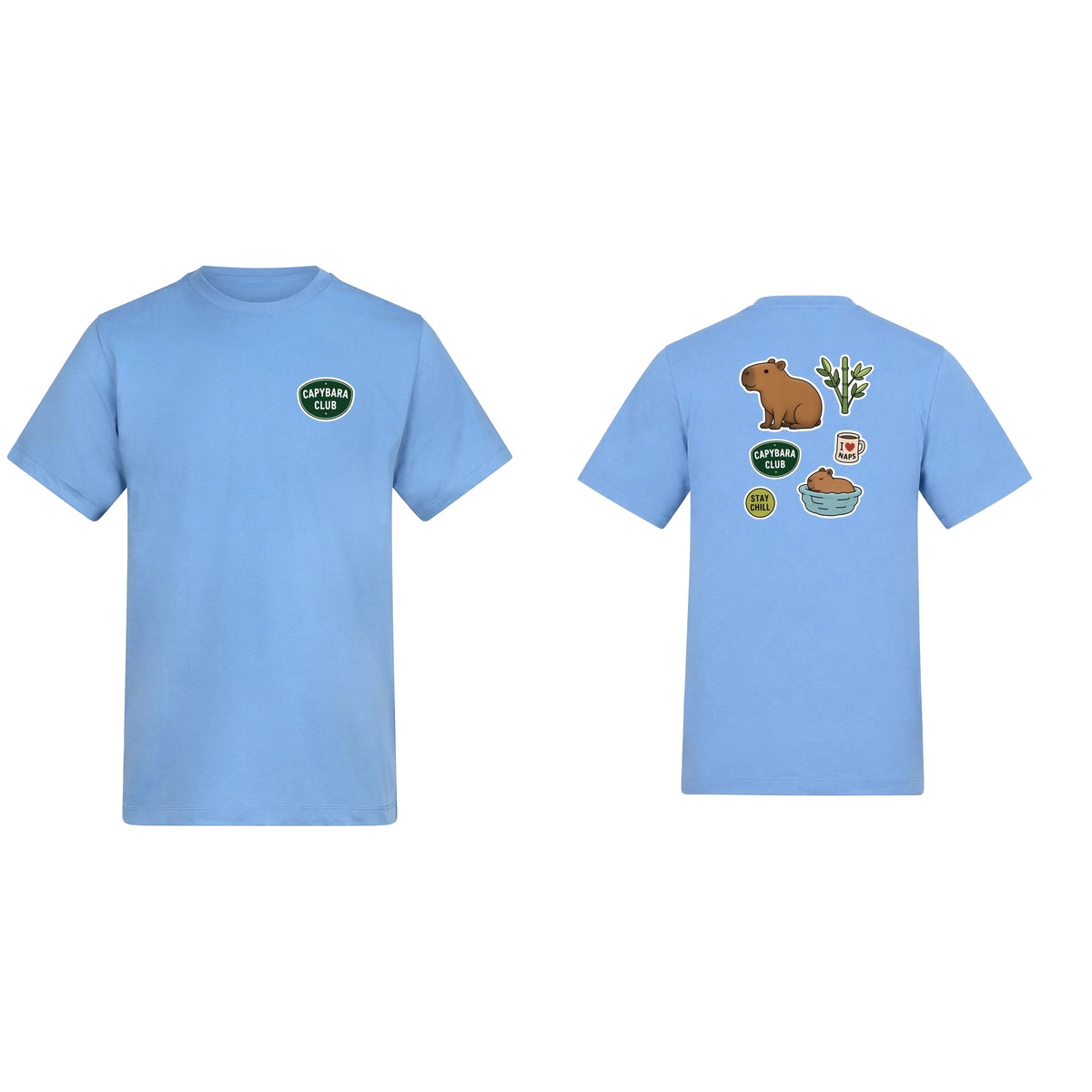 Capybara Chill Club Adult Unisex T-shirt - Badges of the Wild Cornflower Blue colour variant image