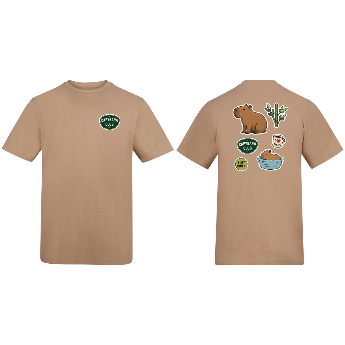 Capybara Chill Club Adult Unisex T-shirt - Badges of the Wild Desert Sand colour variant image
