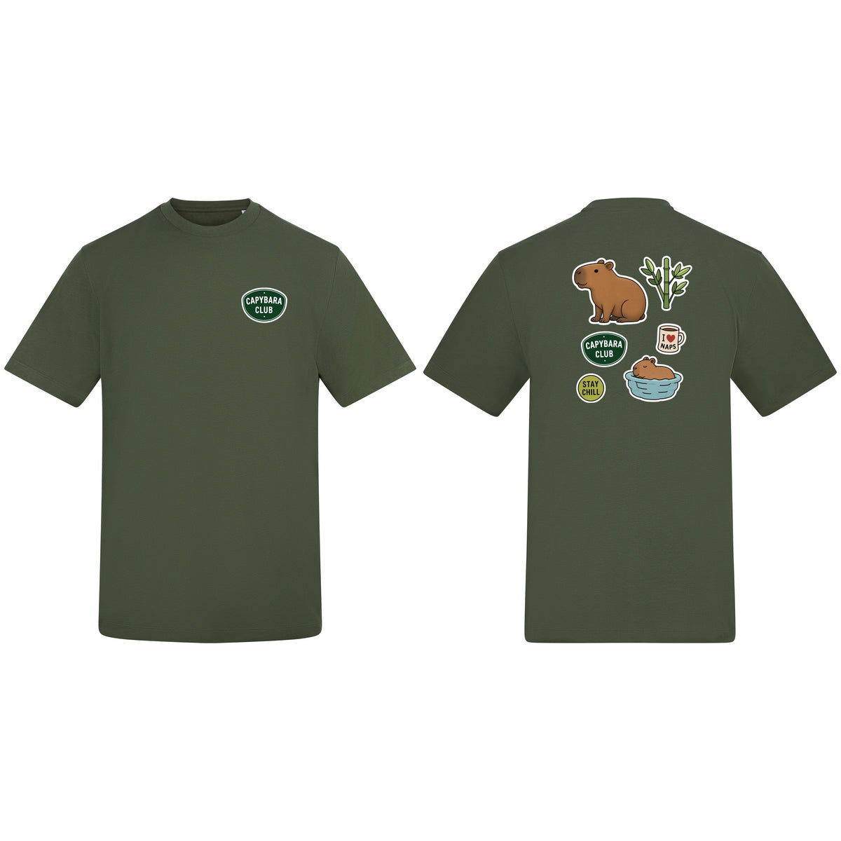 Capybara Chill Club Adult Unisex T-shirt - Badges of the Wild Earthy Green colour variant image