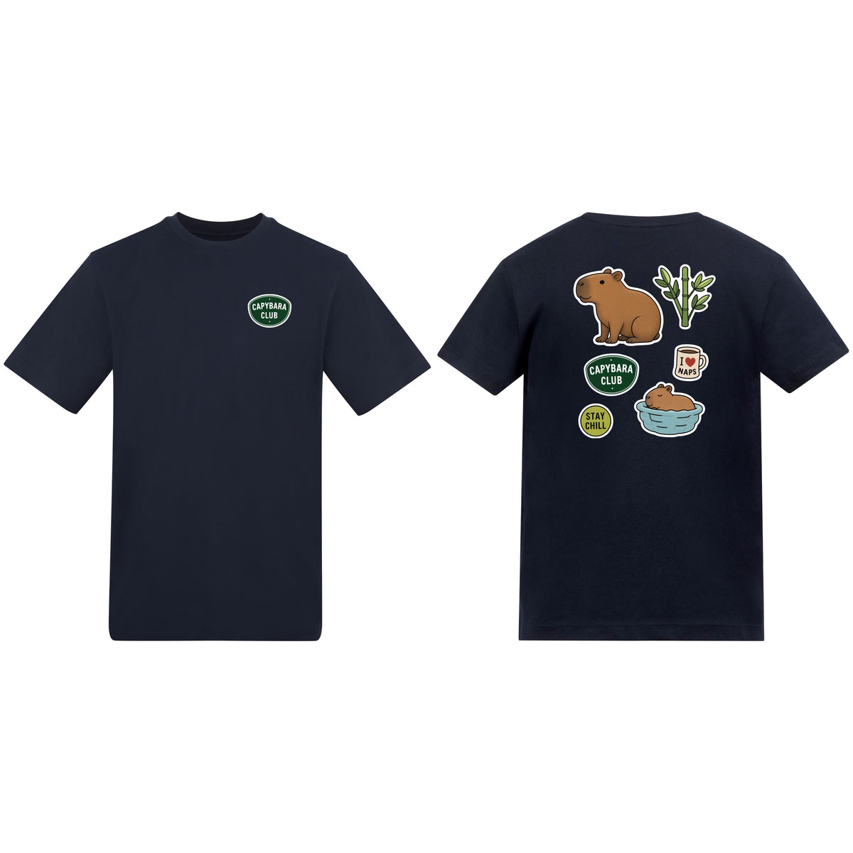 Capybara Chill Club Adult Unisex T-shirt - Badges of the Wild French Navy colour variant image