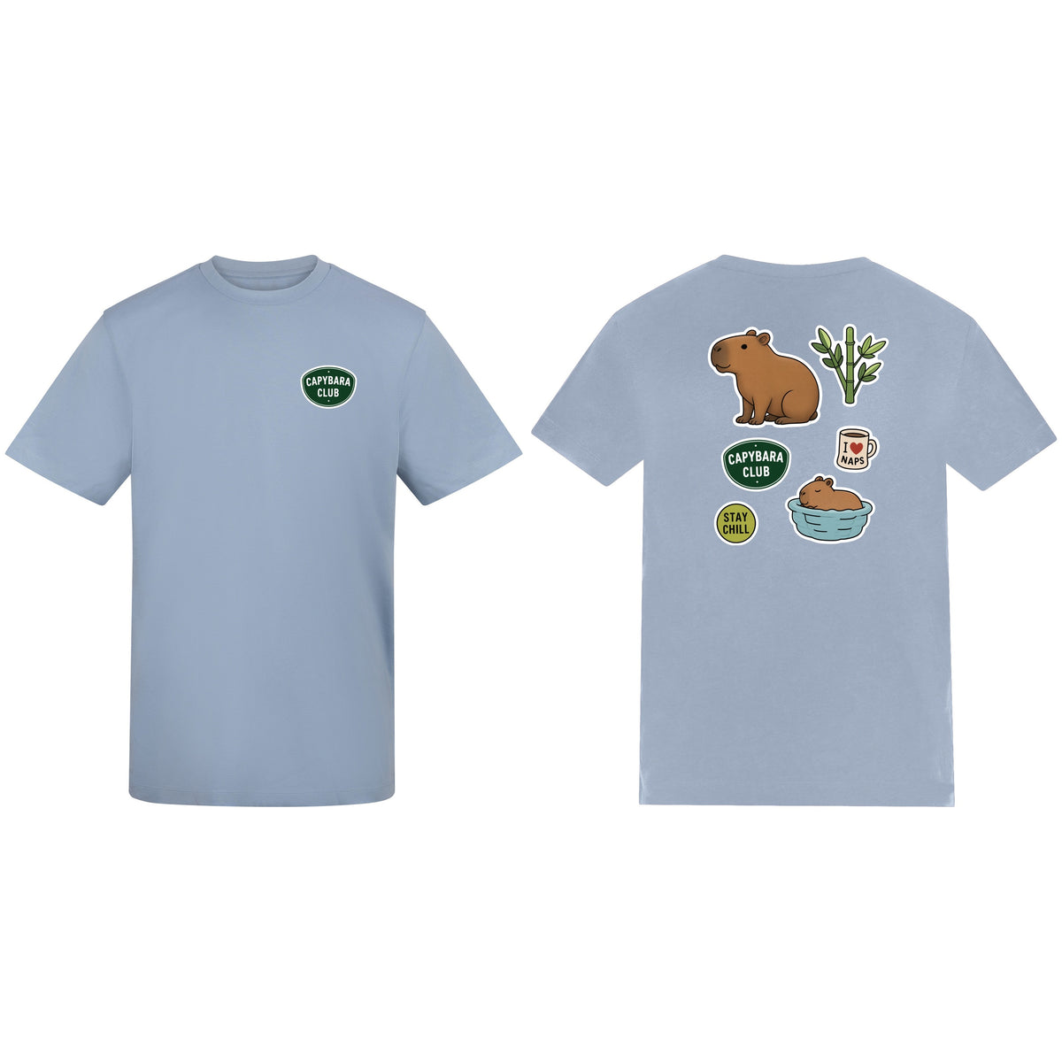 Capybara Chill Club Adult Unisex T-shirt - Badges of the Wild Sky Blue colour variant image