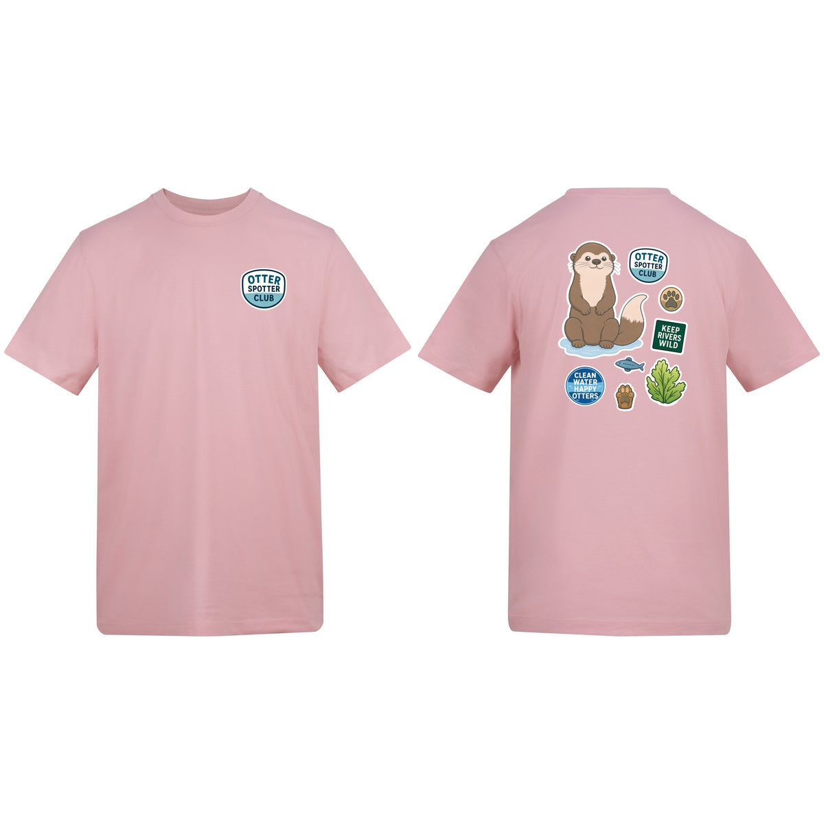 Otter Spotter Club Adult Unisex T-shirt - Badges of the Wild Baby Pink colour variant image