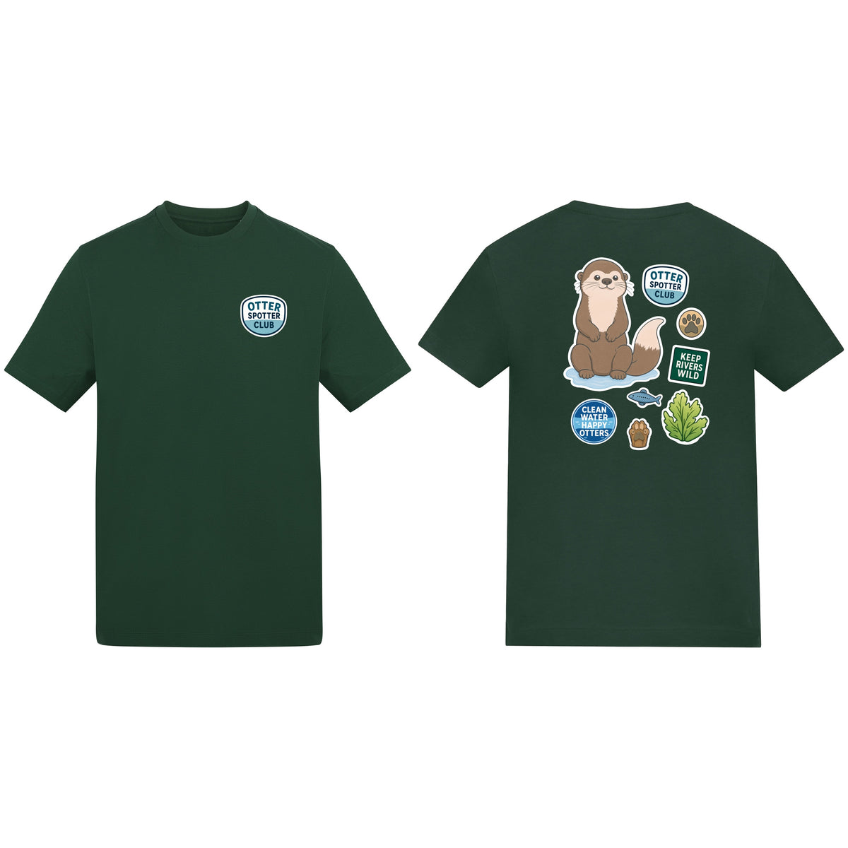 Otter Spotter Club Adult Unisex T-shirt - Badges of the Wild Bottle Green colour variant image