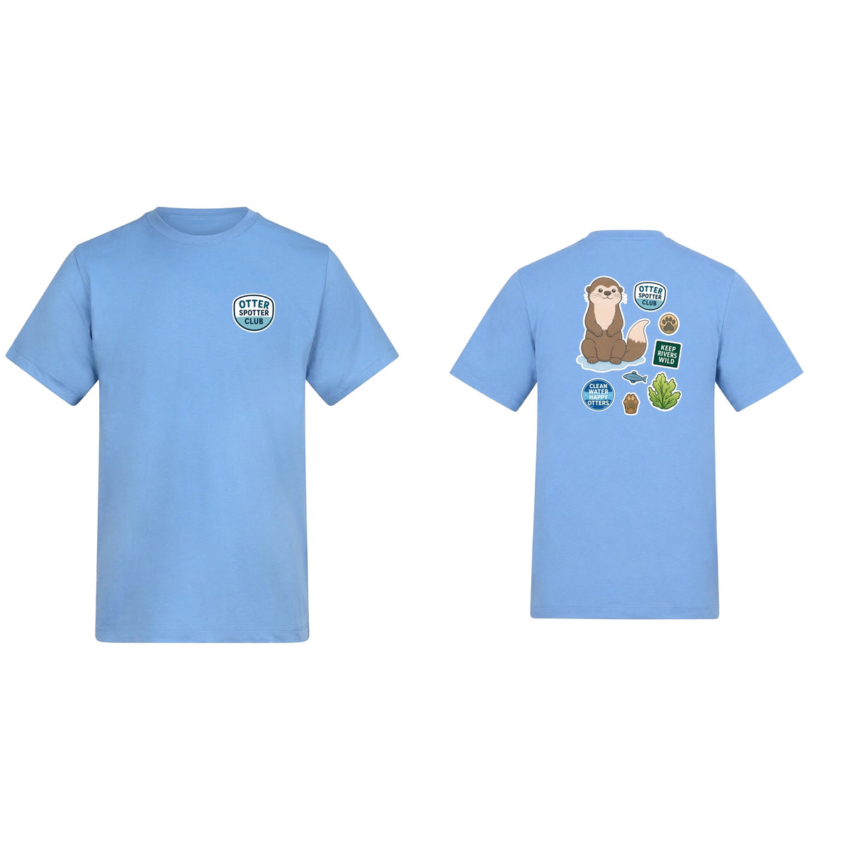 Otter Spotter Club Adult Unisex T-shirt - Badges of the Wild Cornflower Blue colour variant image