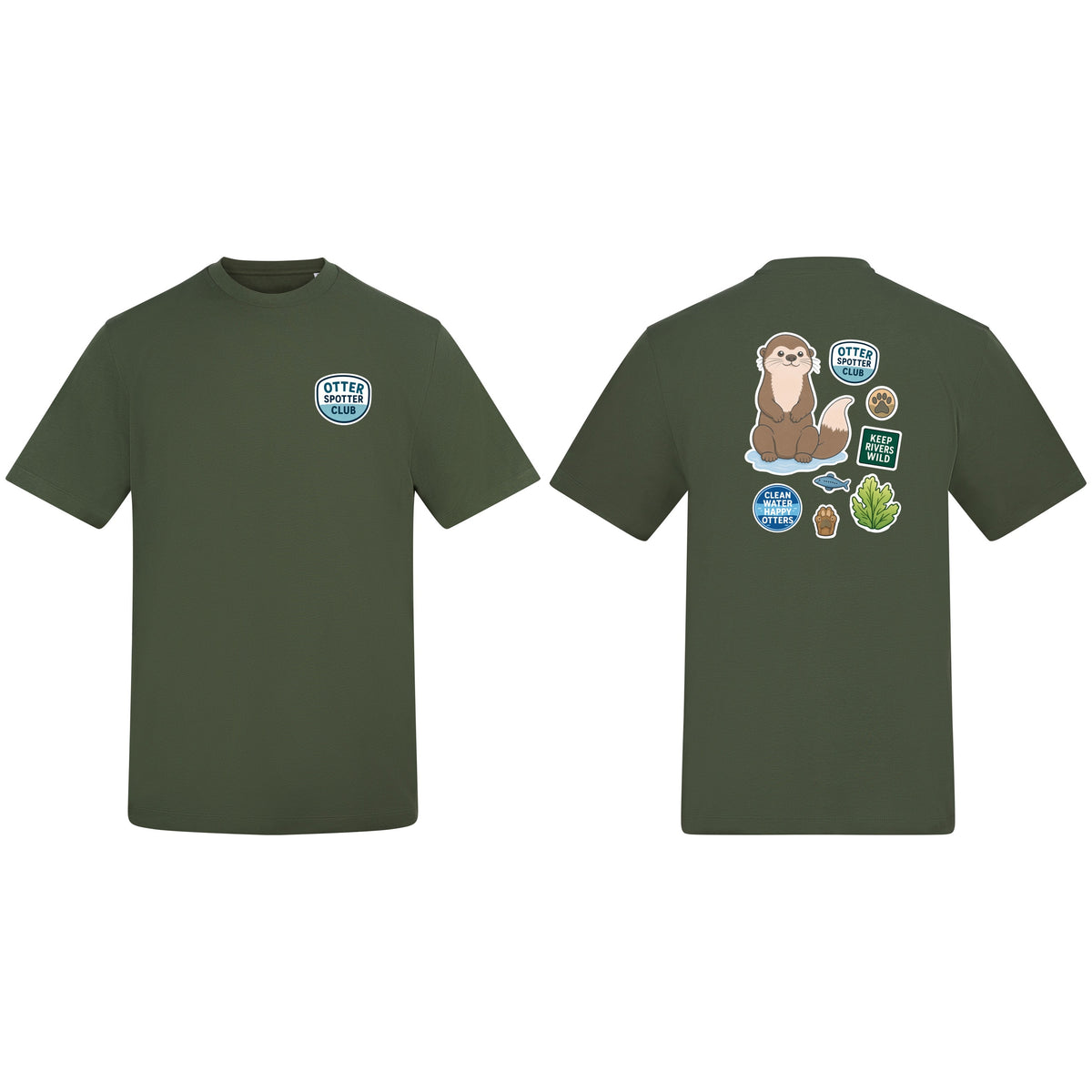 Otter Spotter Club Adult Unisex T-shirt - Badges of the Wild Earthy Green colour variant image