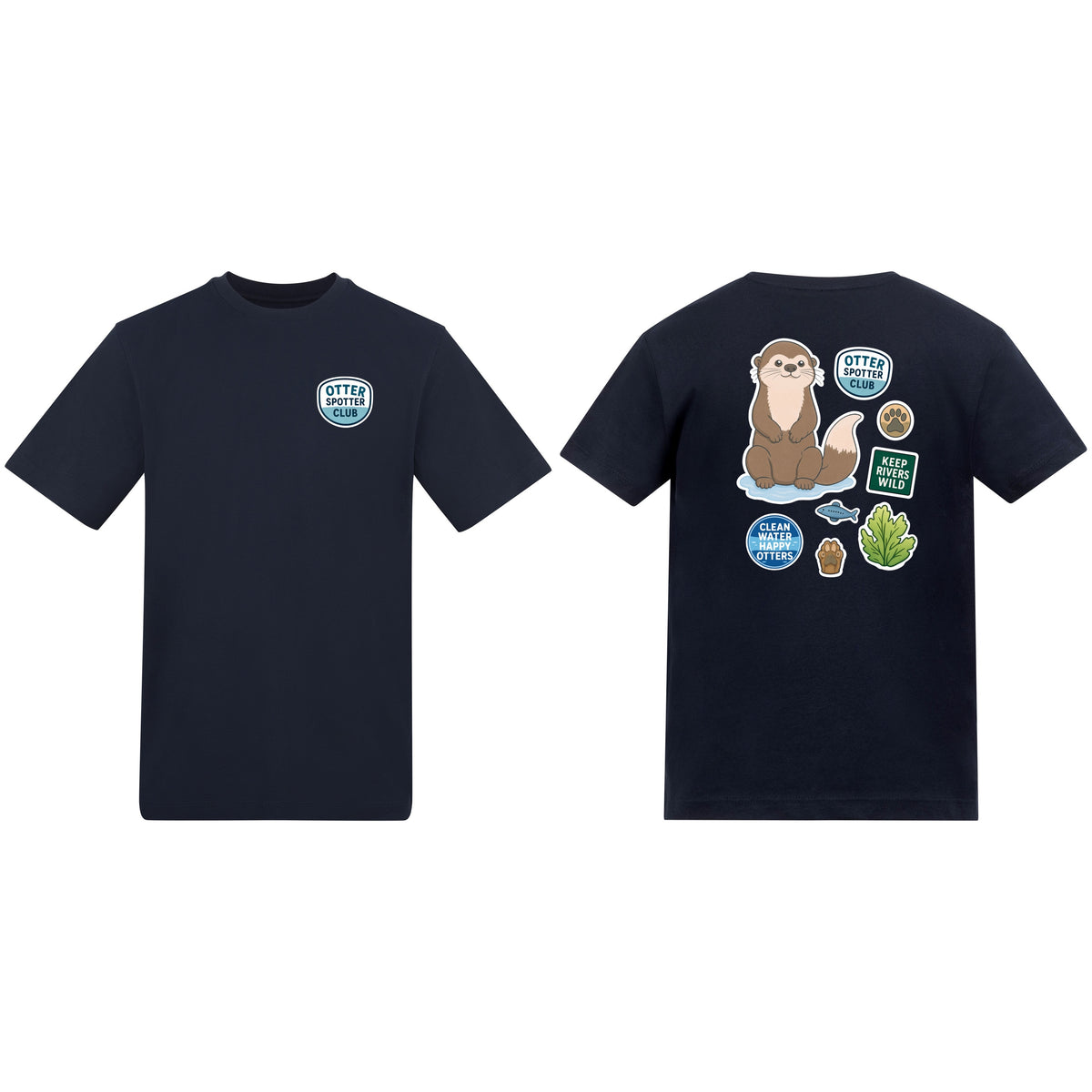 Otter Spotter Club Adult Unisex T-shirt - Badges of the Wild French Navy colour variant image