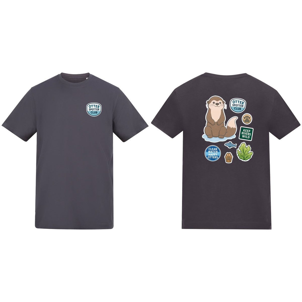 Otter Spotter Club Adult Unisex T-shirt - Badges of the Wild Solid Charcoal colour variant image