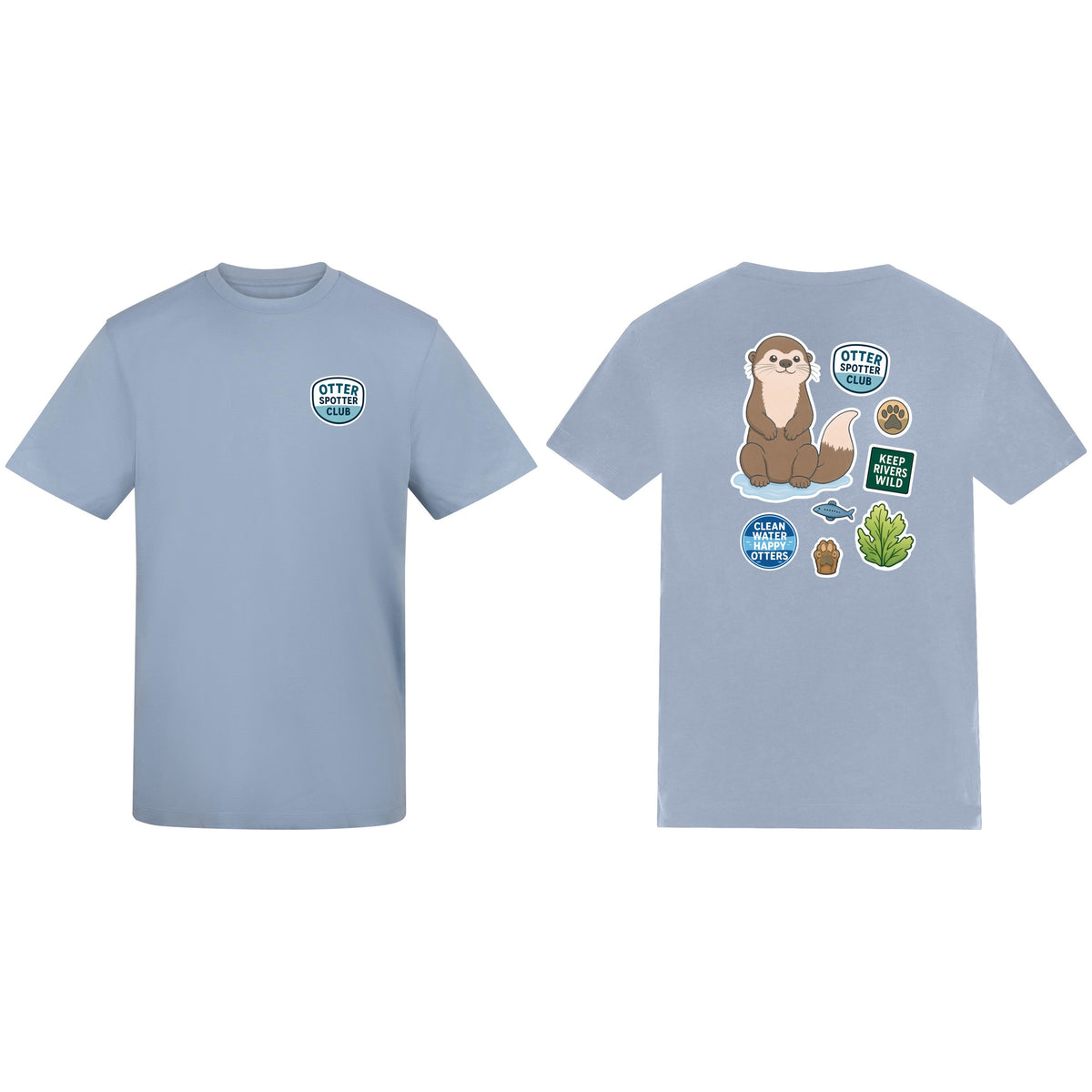 Otter Spotter Club Adult Unisex T-shirt - Badges of the Wild Sky Blue colour variant image